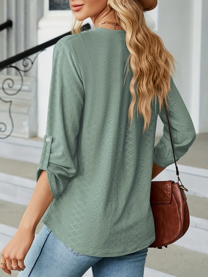 Solid Color Notch Neck T-Shirt, Casual Long Sleeve T-Shirt For Spring & Fall, Women's Clothing