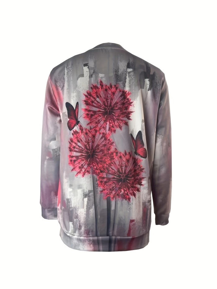 Dandelion & Butterfly Print Pullover Sweatshirt, Casual Long Sleeve Crew Neck Sweatshirt For Fall & Winter, Women's Clothing