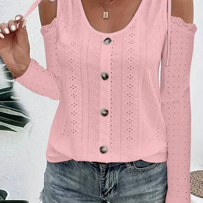 Button Decor Cold Shoulder T-Shirt, Casual Long Sleeve Eyelet Drawstring Top, Women's Clothing