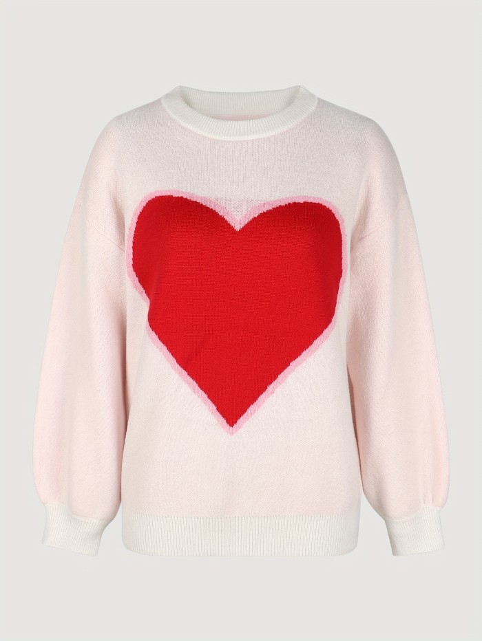 Heart Print Pullover Sweatshirt, Elegant Long Sleeve Crew Neck Sweatshirt For Fall & Winter, Women's Clothing
