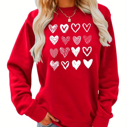 Heart Print Pullover Sweatshirt, Casual Long Sleeve Crew Neck Sweatshirt For Fall & Winter, Women's Clothing