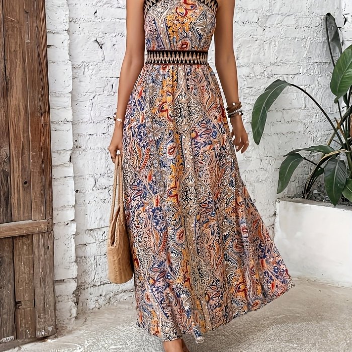 Print Split Thigh Dress, Vacation Sleeveless Ethnic Dress, Women's Clothing