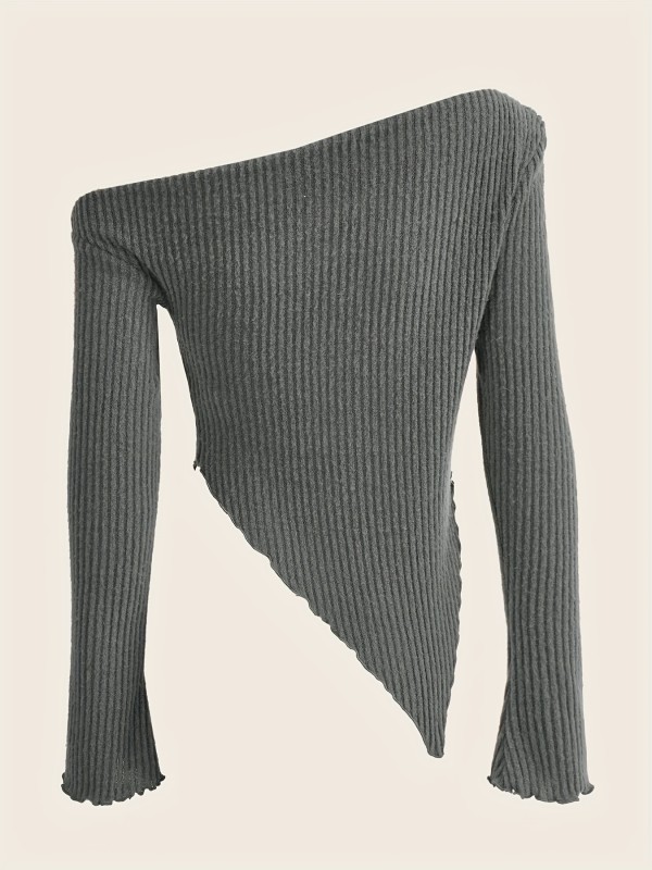 Asymmetrical Off Shoulder T-Shirt, Y2K Long Sleeve T-Shirt For Spring & Fall, Women's Clothing