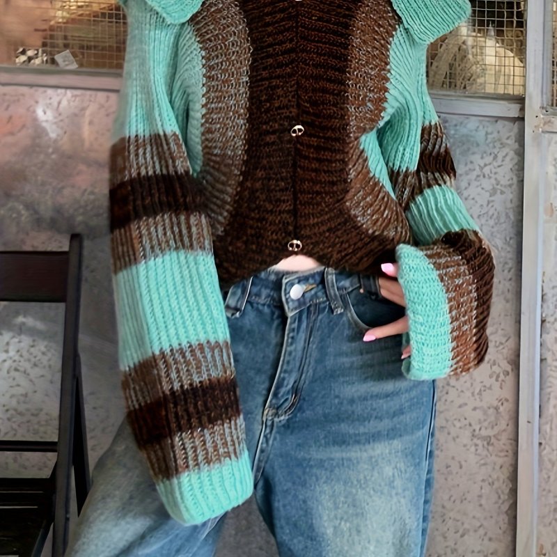 Color Block Button Front Cardigan, Y2K Long Sleeve Split Hem Lapel Cardigan, Women's Clothing