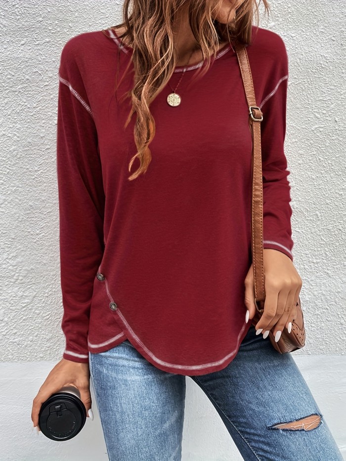 Solid Color Long Sleeve Button Trim Asymmetric Top, Stylish Fall Winter Sweatshirt, Women's Clothing
