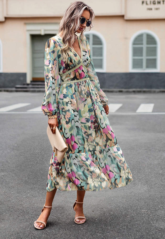 Floral Print Midi Dress - Green