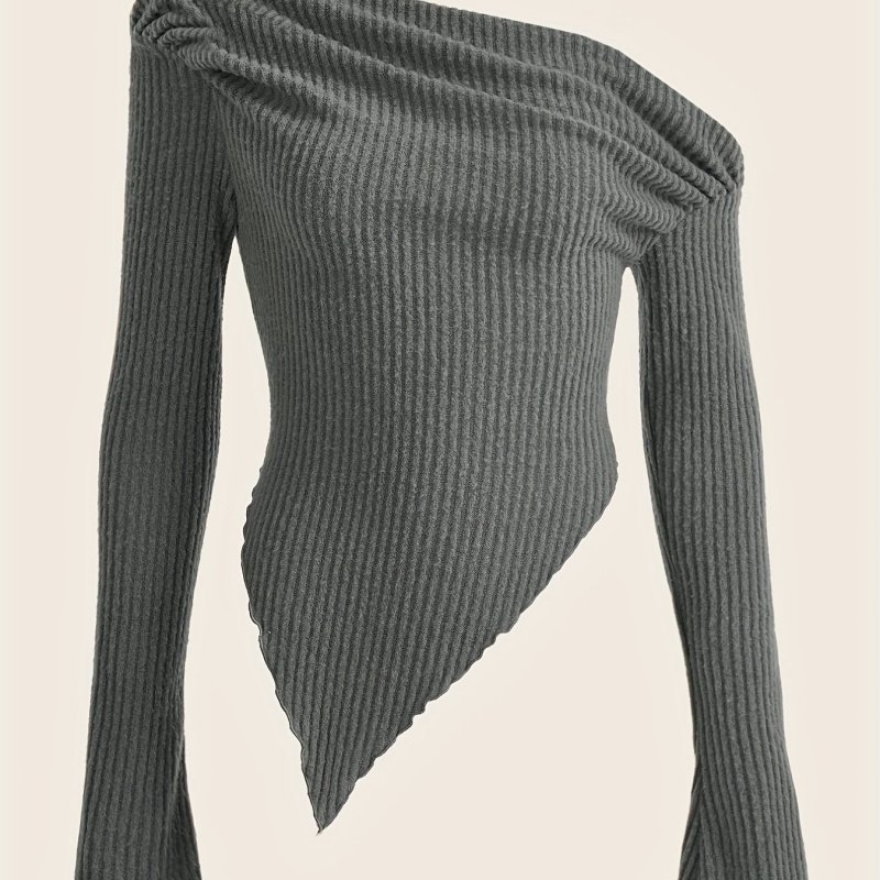 Asymmetrical Off Shoulder T-Shirt, Y2K Long Sleeve T-Shirt For Spring & Fall, Women's Clothing