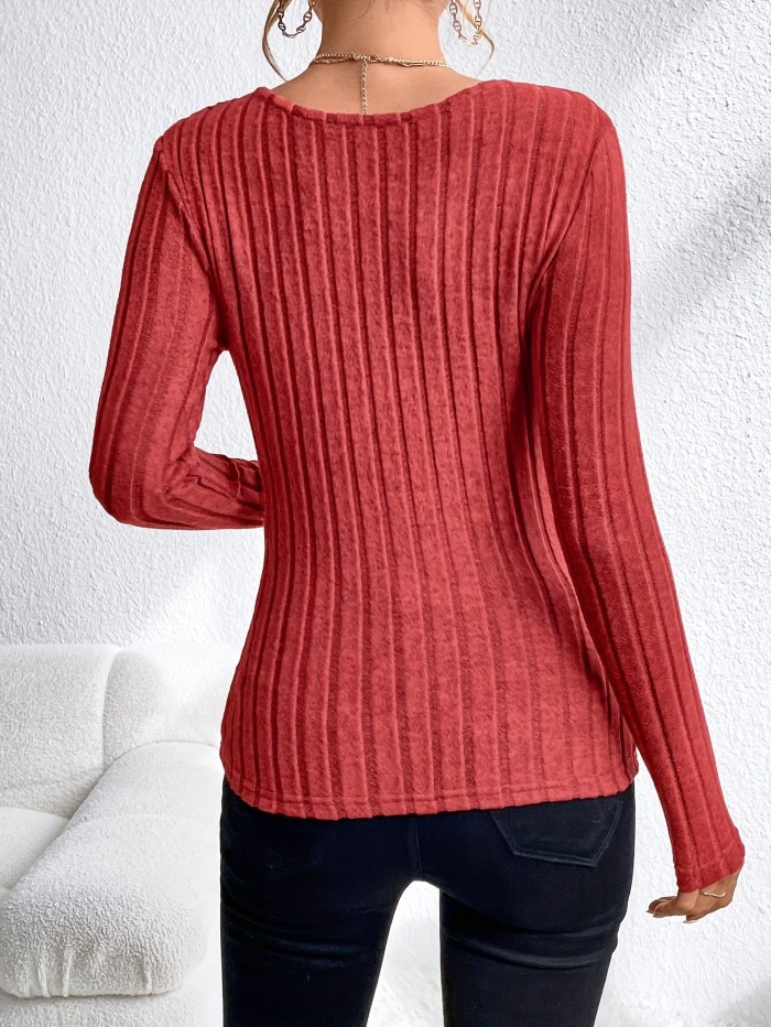 Solid Twist Front Rib Knit T-shirt, Elegant Long Sleeve Slim Top, Women's Clothing