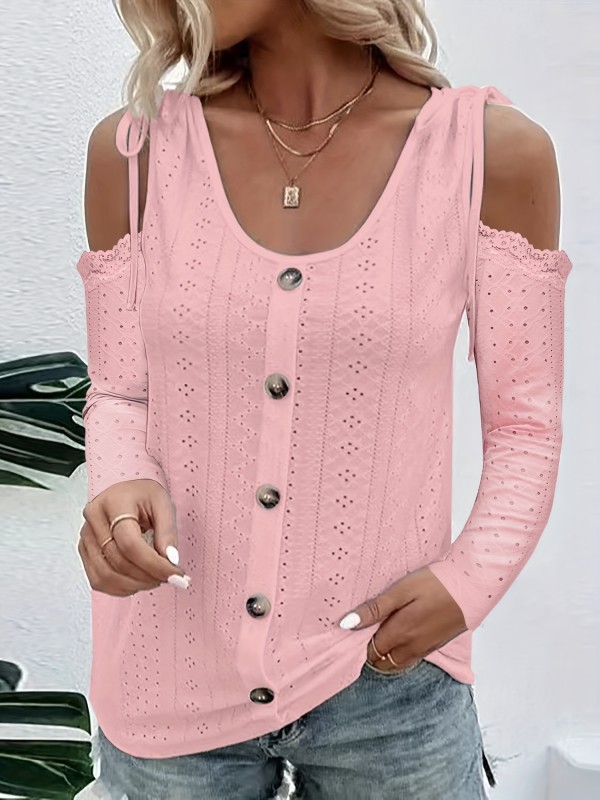Button Decor Cold Shoulder T-Shirt, Casual Long Sleeve Eyelet Drawstring Top, Women's Clothing