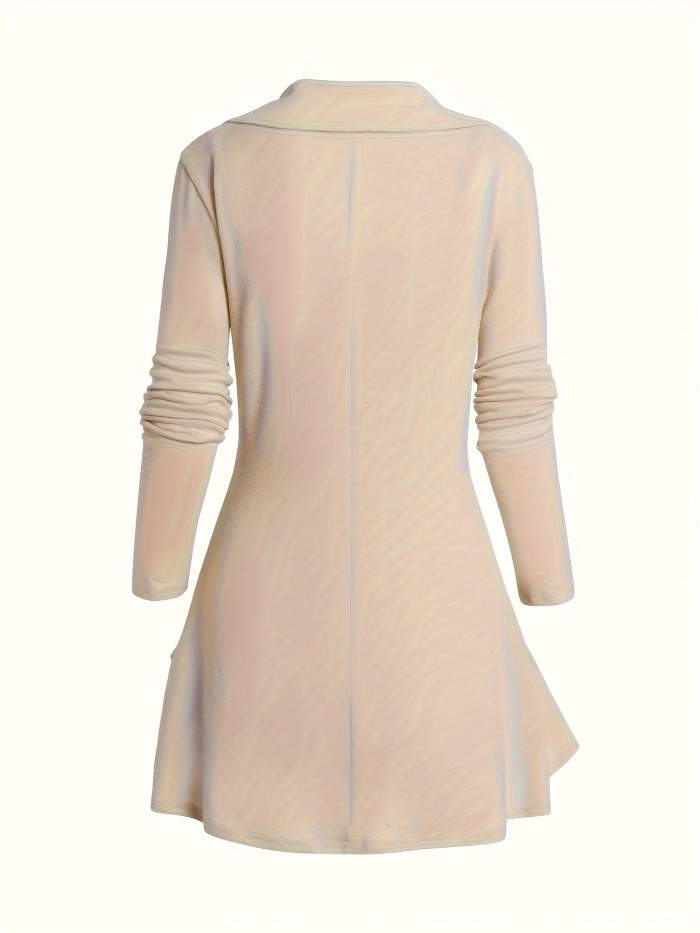 2 In 1 Lapel Tunics, Casual Long Sleeve Ruffle Hem Top For Spring & Fall, Women's Clothing