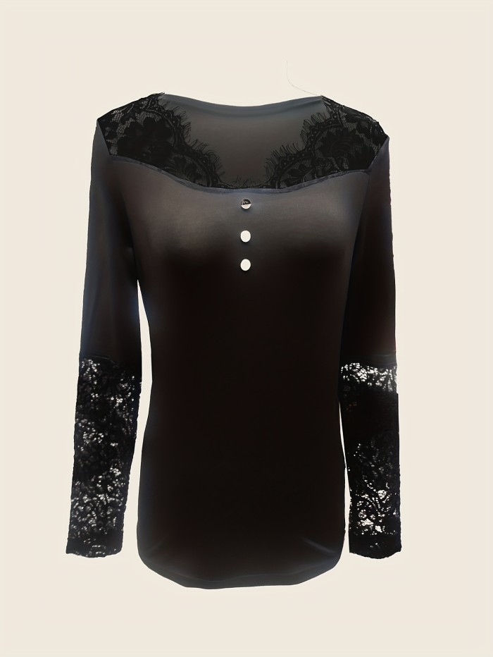 Contrast Lace V Neck T-Shirt, Casual Long Sleeve Slim Top For Spring & Fall, Women's Clothing