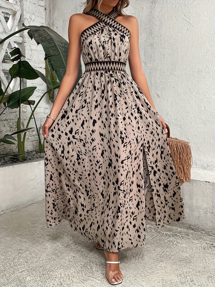 Print Split Thigh Dress, Vacation Sleeveless Ethnic Dress, Women's Clothing