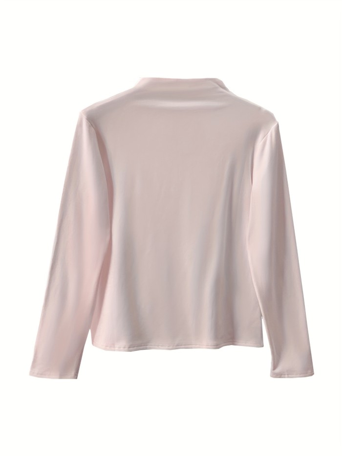 Solid Mock Neck T-shirt, Elegant Long Sleeve Slim Top For Spring & Fall, Women's Clothing