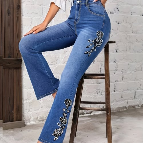 Floral Embroidered Decor Flare Jeans, Slant Pockets Mid-Stretch Slant Pockets Bell Bottom Jeans, Women's Denim Jeans & Clothing