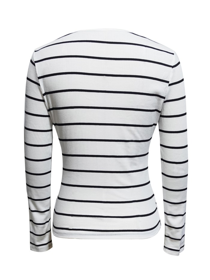 Striped Print Square Neck T-Shirt, Casual Long Sleeve T-Shirt For Every Day, Women's Clothing