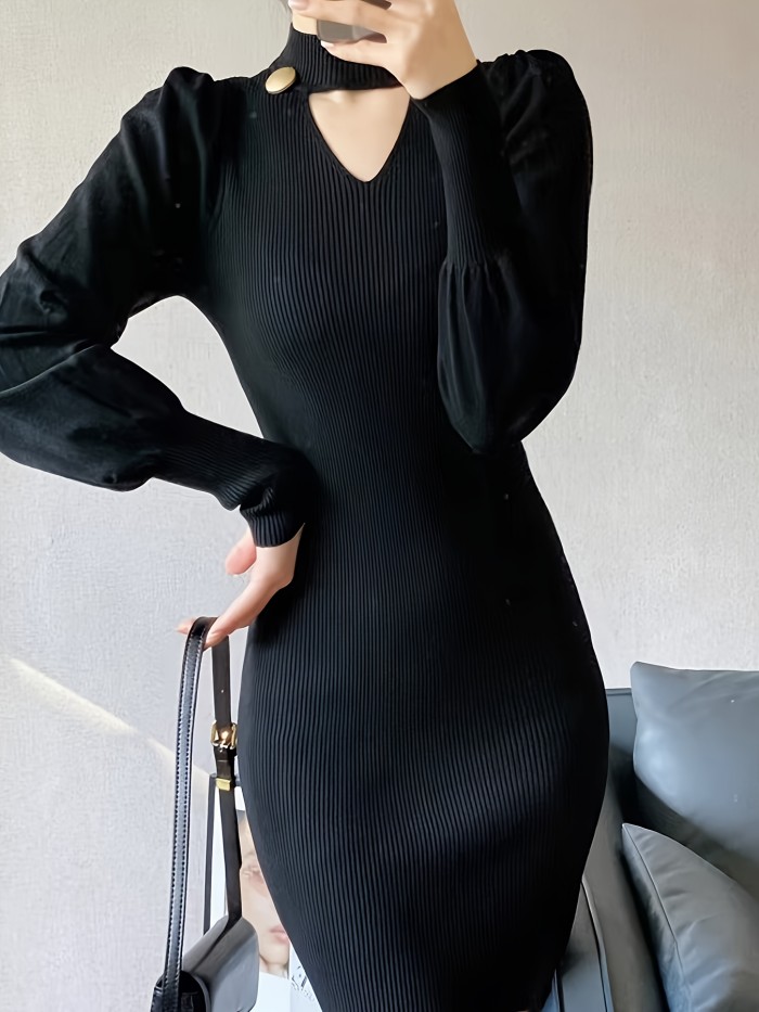 Solid Cut Out Knit Dress, Elegant Mock Neck Long Sleeve Dress, Women's Clothing