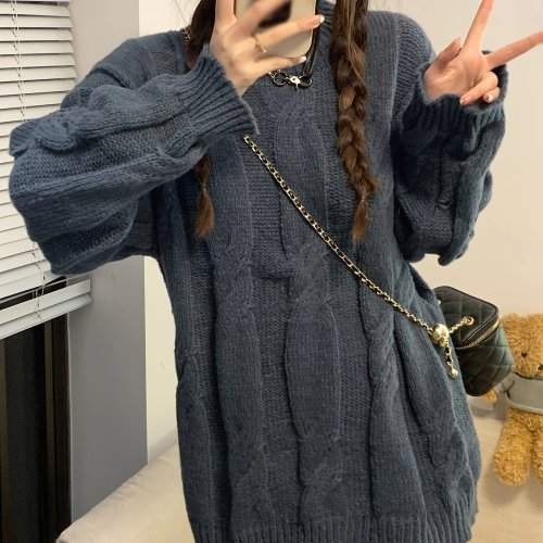 Solid Chunky Cable Knit Pullover Sweater, Casual Long Sleeve Oversized Thick Sweater, Women's Clothing