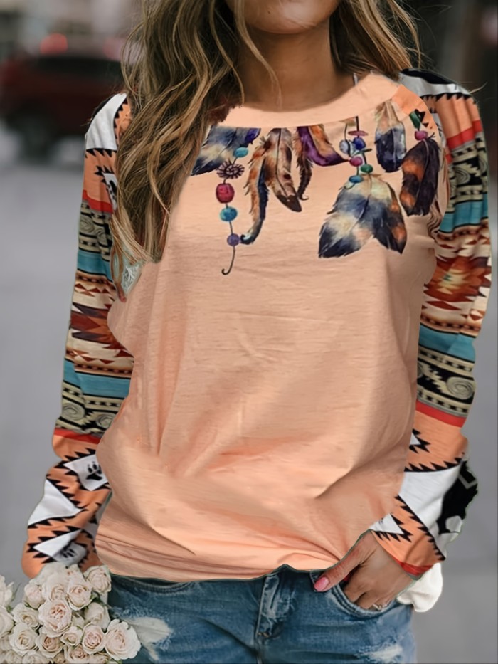 Loose Feather Print Sweatshirt, Long Sleeve Crew Neck Pullover Sweatshirt, Casual Tops For Fall & Winter, Women's Clothing