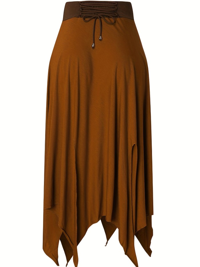 Drawstring Waist Asymmetrical Hem Skirt, Casual High Waist Split Skirt For Spring & Summer, Women's Clothing