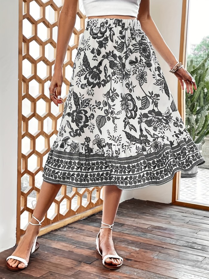 Floral Print Ruffle Hem Skirt, Casual Elastic Waist Boho Skirt For Spring & Summer, Women's Clothing