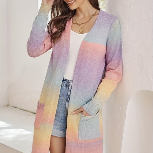 Ombre Open Front Knit Cardigan, Elegant Long Sleeve Mid Length Sweater With Pocket, Women's Clothing