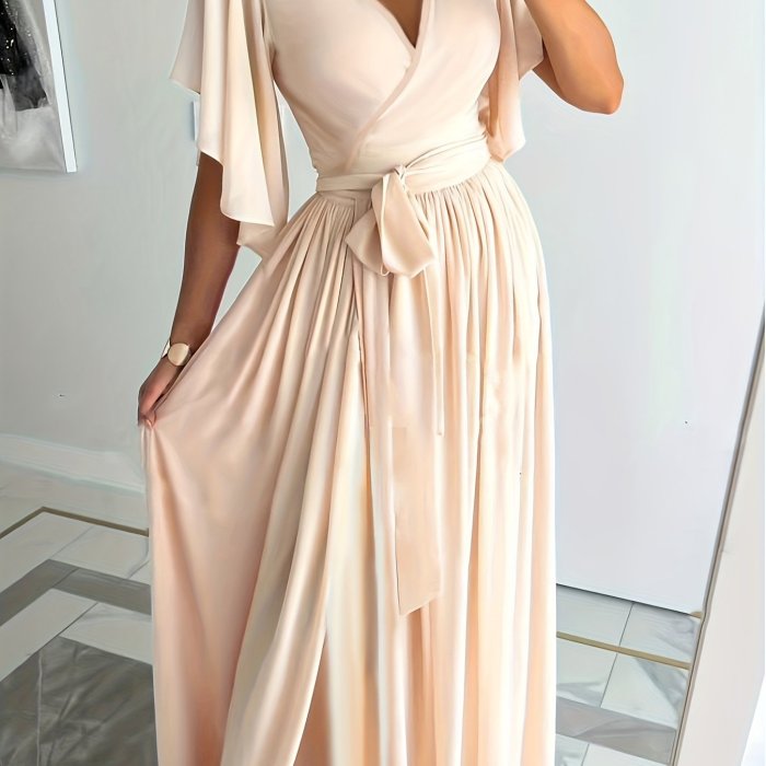 Plus Size Elegant Dress, Women's Plus Solid Ruffle Sleeve Surplice Neck High Split Hem Maxi Dress With Belt