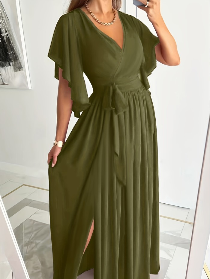 Plus Size Elegant Dress, Women's Plus Solid Ruffle Sleeve Surplice Neck High Split Hem Maxi Dress With Belt