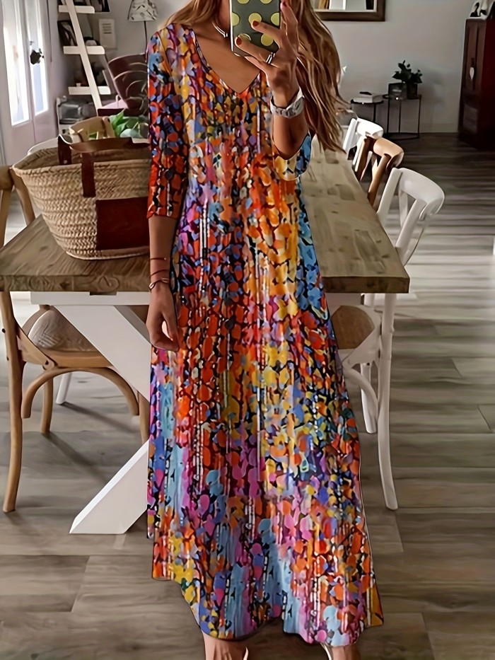 Plus Size Casual Dress, Women's Plus Allover Print Half Sleeve V Neck Slight Stretch Maxi Dress