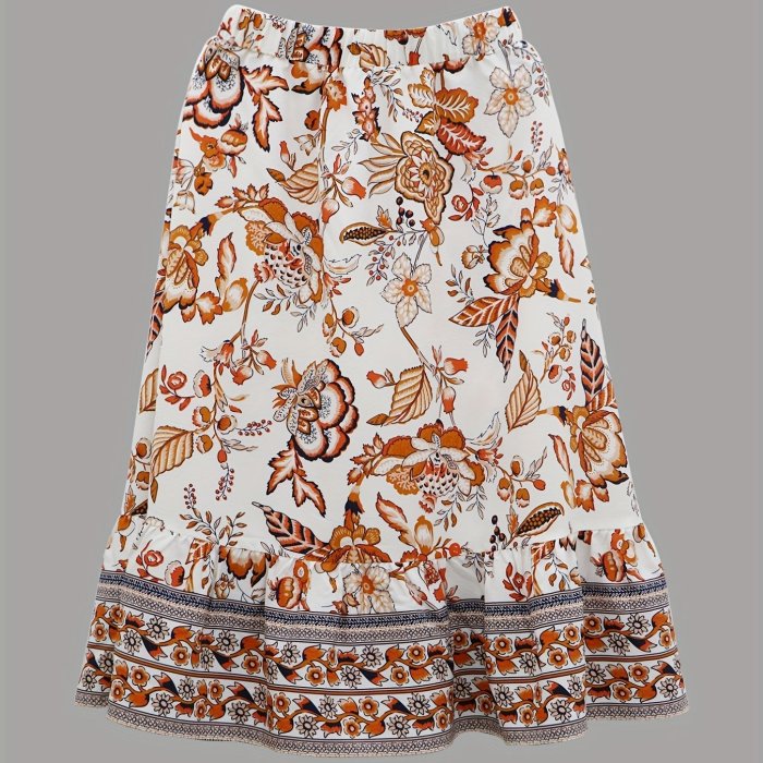 Floral Print Ruffle Hem Skirt, Casual Elastic Waist Boho Skirt For Spring & Summer, Women's Clothing