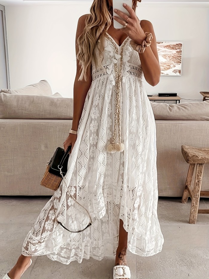 Plus Size Romantic Dress, Women's Plus Solid Contrast Lace Hollow Out Tassel Trim V Neck Asymmetric Hem Cami Maxi Dress