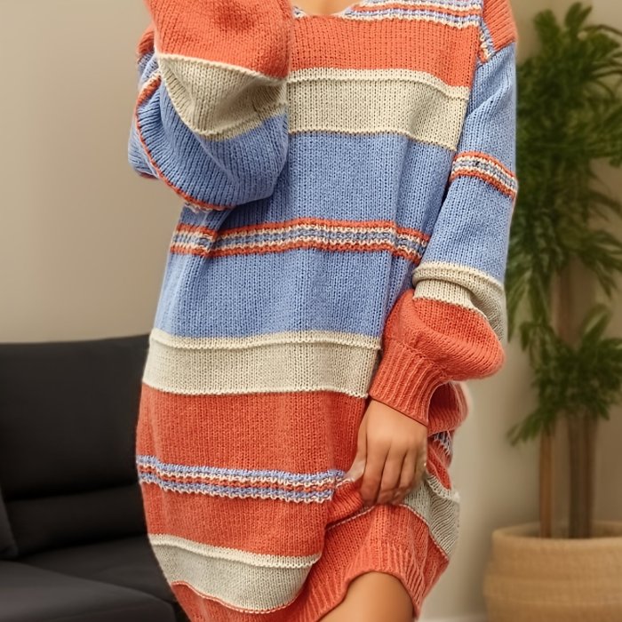Plus Size Casual Dress, Women's Plus Striped Long Sleeve V Neck High Stretch Oversized Sweater Dress