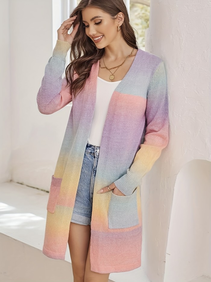 Ombre Open Front Knit Cardigan, Elegant Long Sleeve Mid Length Sweater With Pocket, Women's Clothing