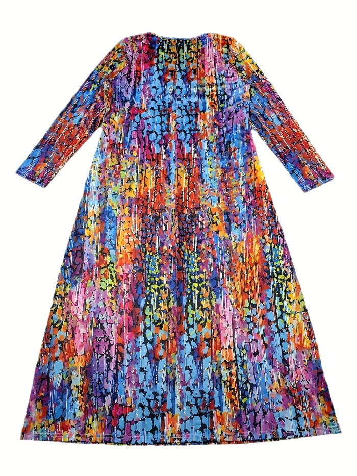 Plus Size Casual Dress, Women's Plus Allover Print Half Sleeve V Neck Slight Stretch Maxi Dress