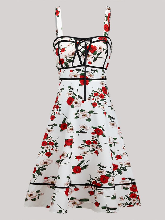 Plus Size Retro Dress, Women's Plus Rose Print Lace Up Square Neck Nipped Waist Tank Dress