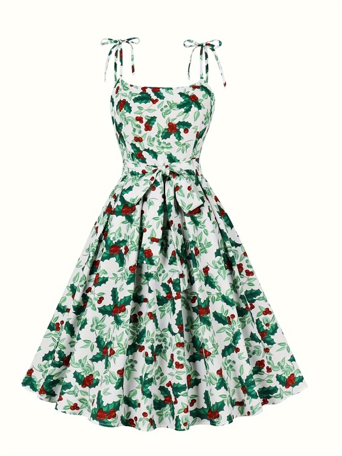 Plus Size Christmas Dress, Women's Plus Allover Print Tie Shoulder Knot Front Round Neck A-line Dress