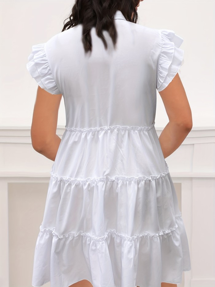 Plus Size Cute Dress, Women's Plus Solid Cap Sleeve Button Up Lapel Collar Layered Lettuce Trim Shirt Dress