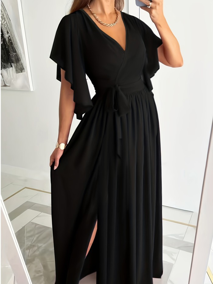 Plus Size Elegant Dress, Women's Plus Solid Ruffle Sleeve Surplice Neck High Split Hem Maxi Dress With Belt