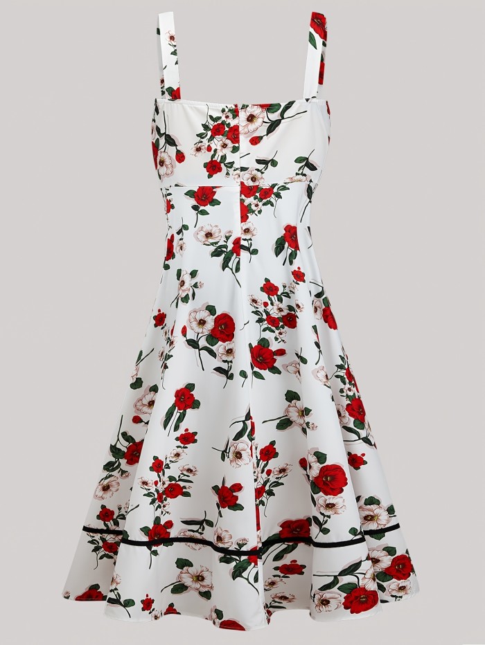 Plus Size Retro Dress, Women's Plus Rose Print Lace Up Square Neck Nipped Waist Tank Dress