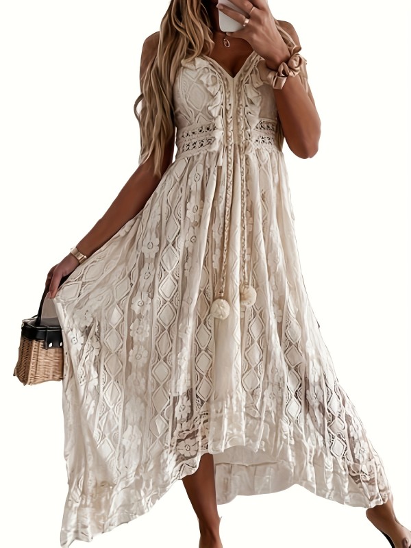 Plus Size Romantic Dress, Women's Plus Solid Contrast Lace Hollow Out Tassel Trim V Neck Asymmetric Hem Cami Maxi Dress