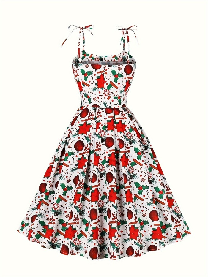 Plus Size Christmas Dress, Women's Plus Allover Print Tie Shoulder Round Neck Knot Front A-line Cami Dress