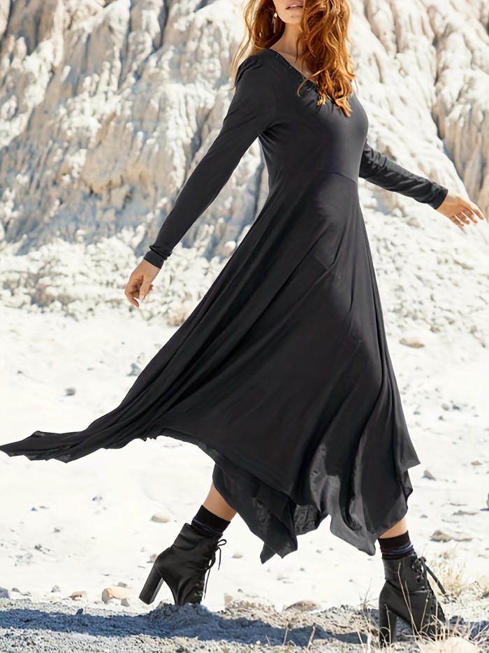 Plus Size Casual Dress, Women's Plus Solid Long Sleeve Round Neck Asymmetric Hem Maxi Dress
