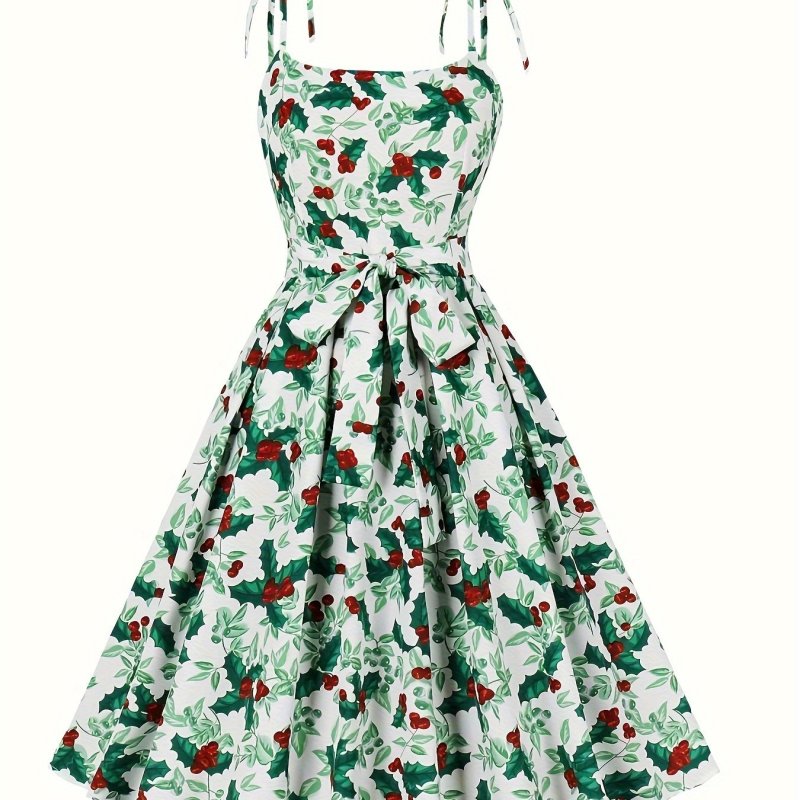 Plus Size Christmas Dress, Women's Plus Allover Print Tie Shoulder Knot Front Round Neck A-line Dress