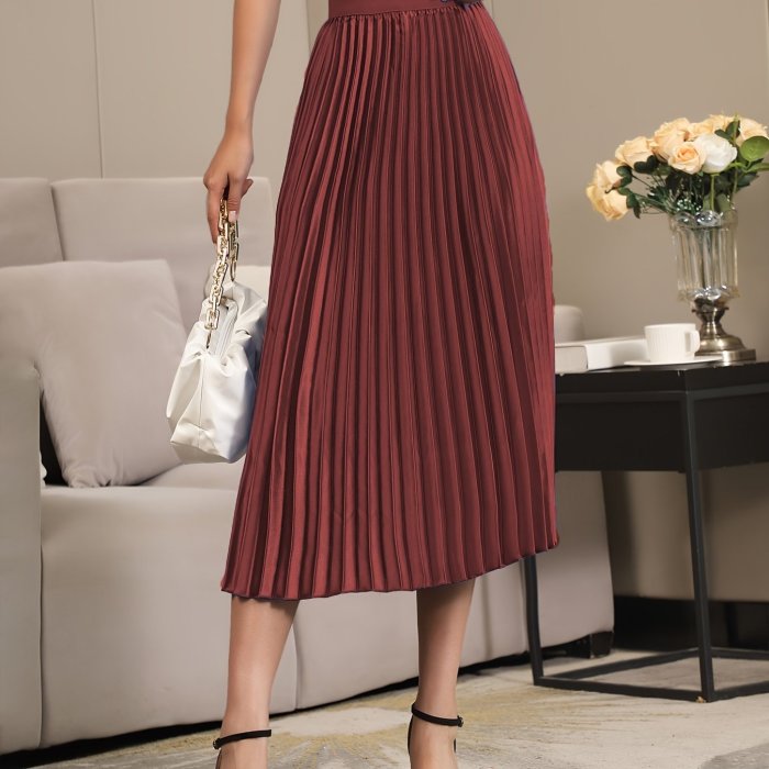 Solid Pleated Skirts, Elegant Slim Waist Simple A Line Skirts, Women's Clothing