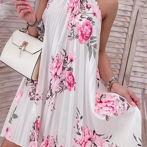 Plus Size Casual Summer Dress, Women's Plus Floral Print Halter Neck Slight Stretch Pleated Dress