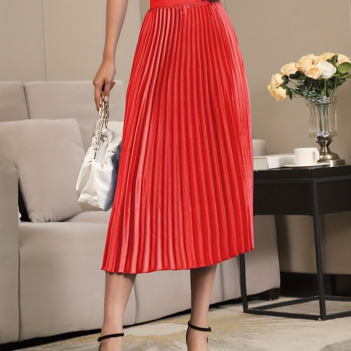 Solid Pleated Skirts, Elegant Slim Waist Simple A Line Skirts, Women's Clothing