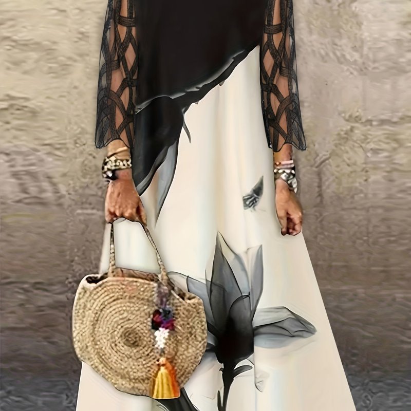 Plus Size Boho Dress, Women's Plus Colorblock Floral Print Contrast Mesh Long Sleeve Round Neck Maxi Dress