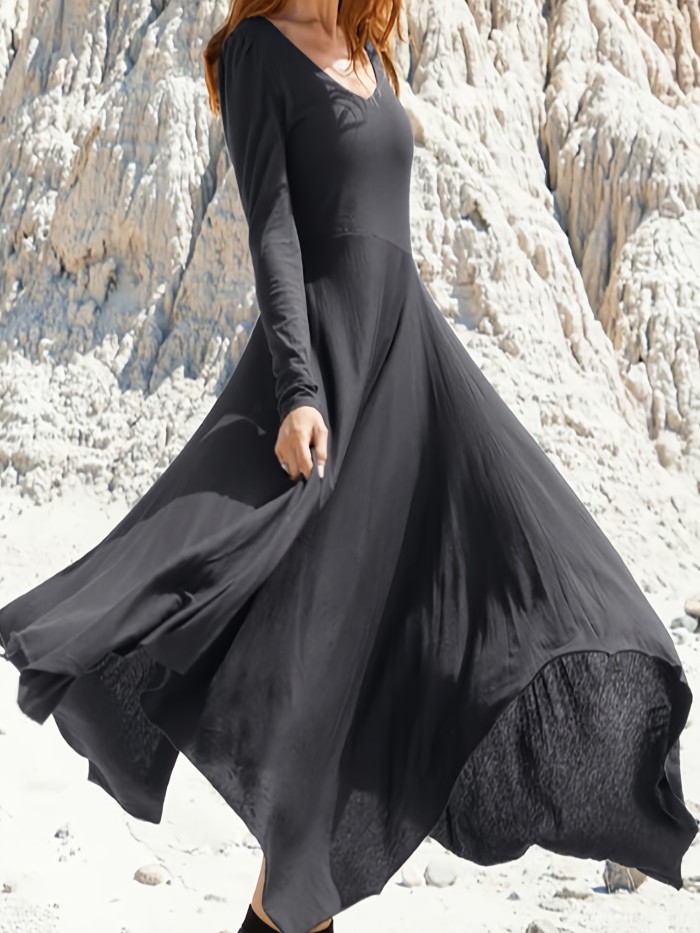 Plus Size Casual Dress, Women's Plus Solid Long Sleeve Round Neck Asymmetric Hem Maxi Dress