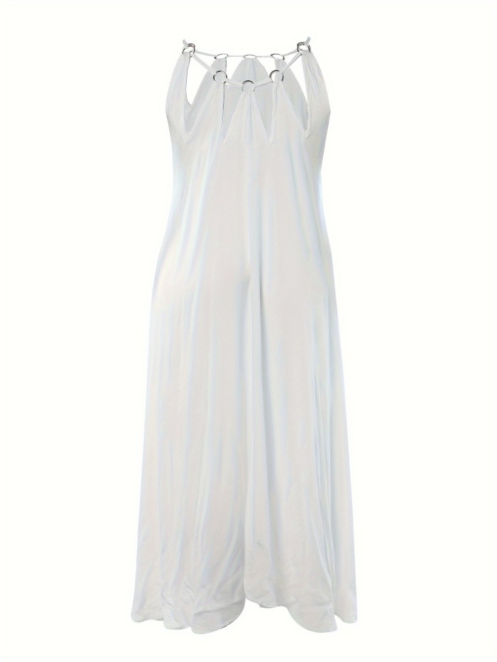 Plus Size Sexy Dress, Women's Plus Solid Ring Decor Halter Neck Asymmetric Trim Maxi Cami Dress