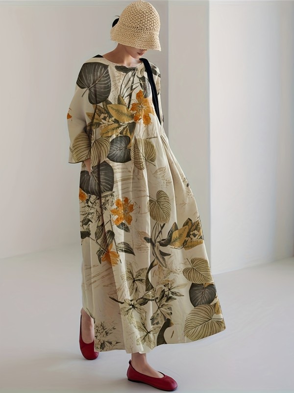 Ethnic Floral Print Dress, Vintage Loose Crew Neck Maxi Dress, Women's Clothing