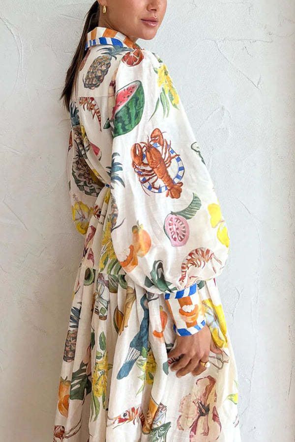Tropical Fruit Print Balloon Sleeve Patchwork Shirt Midi Dress